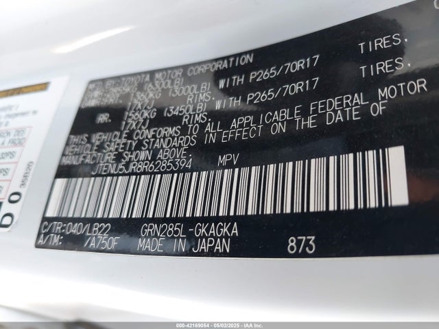 JTENU5JR8R6285394 Toyota 1gr-fe