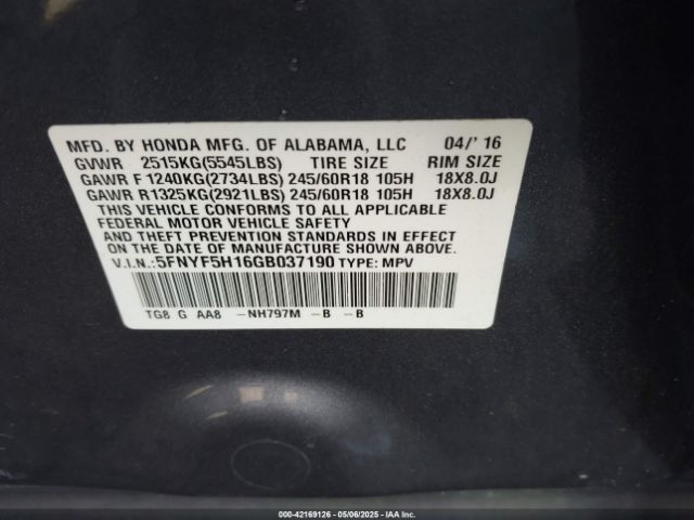 5FNYF5H16GB037190 Honda PILOT LX