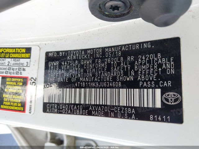 4T1B11HK9JU634608 Toyota CAMRY SE