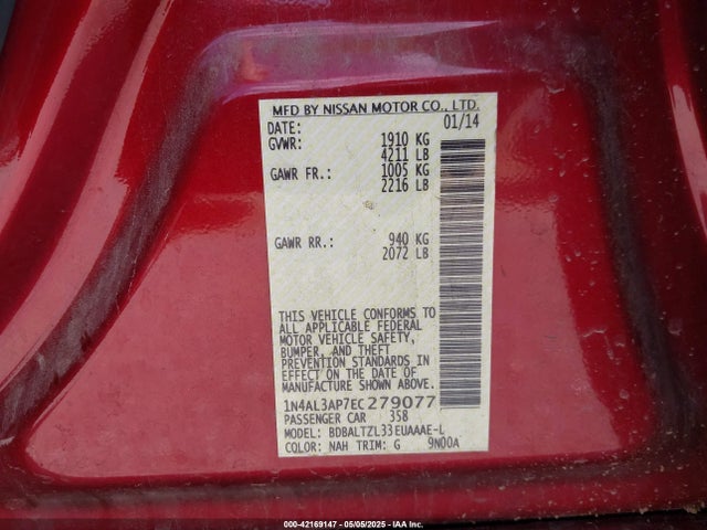 1N4AL3AP7EC279077 Nissan Altima 2.5 Sv