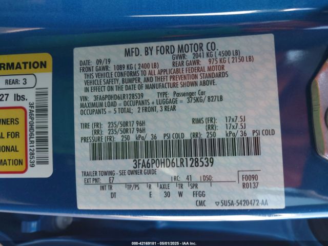 3FA6P0HD6LR128539 Ford FUSION SE