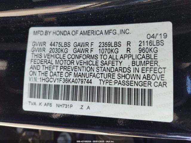 1HGCV1F36KA079744 Honda Accord Sport