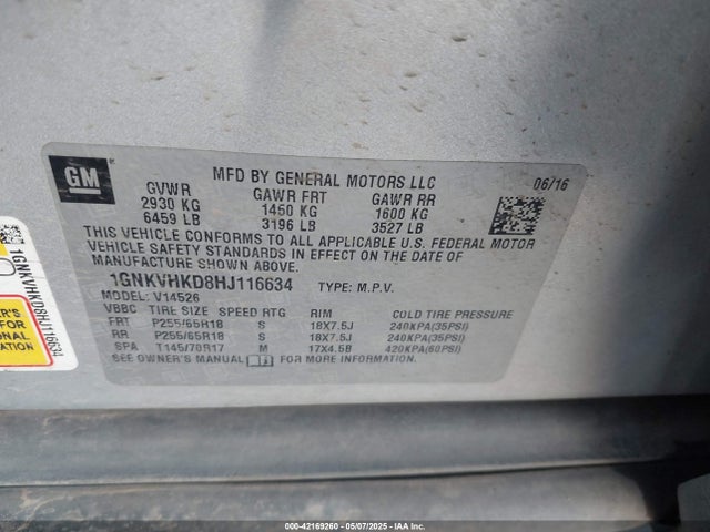 1GNKVHKD8HJ116634 Chevrolet llt - sidi: spark ignited direct injection, alum, 60 degrees