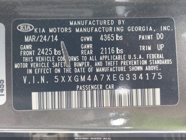 5XXGM4A7XEG334175 KIA Optima Lx