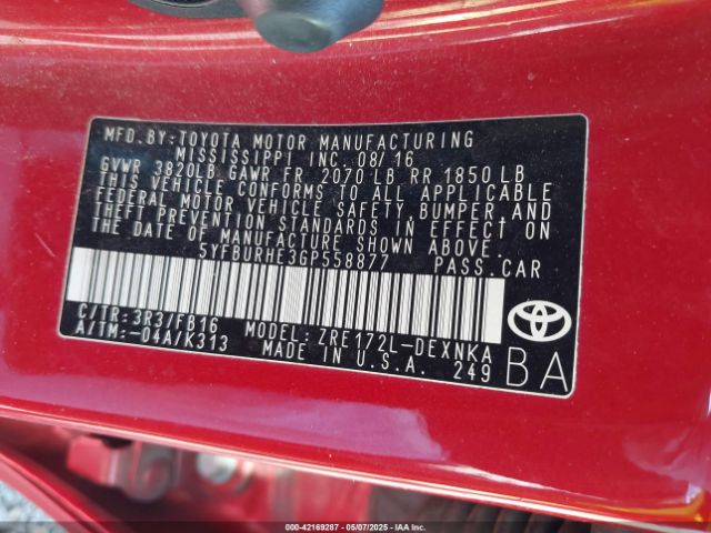 5YFBURHE3GP558877 Toyota COROLLA LE