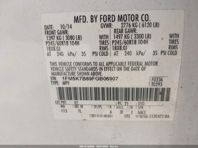 1FM5K7B89FGB06907 Ford Explorer