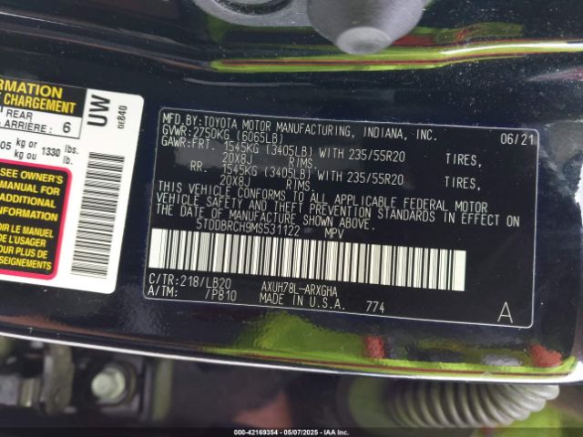5TDDBRCH9MS531122 Toyota Highlander Hybrid Limited