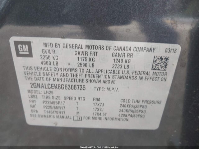 Chevrolet EQUINOX LT 2016 2GNALCEK8G6306735 Image 9