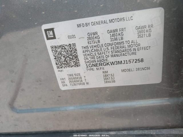 1GNERGKW3MJ157258 Chevrolet Traverse Fwd Lt Cloth