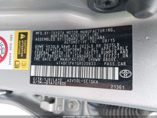 4T4BF1FK1GR520833 Toyota CAMRY XLE