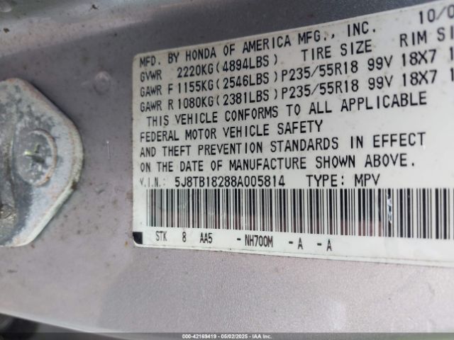 2008 ACURA RDX 5J8TB18288A005814 Photo 8