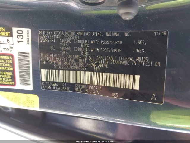 5TDXZ3DC7KS987688 Toyota Sienna Se Premium 8 Passenger
