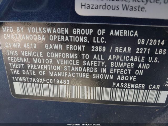 1VWBT7A3XFC019483 Volkswagen Passat 1.8t Se