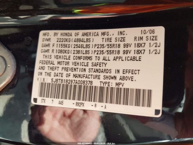 2007 ACURA RDX 5J8TB18297A008378 Photo 8