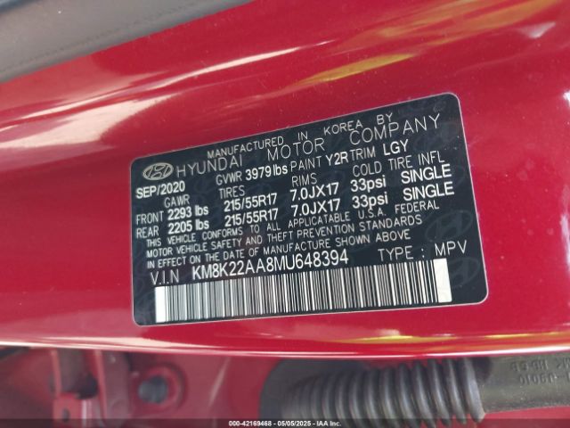 KM8K22AA8MU648394 Hyundai Kona Sel