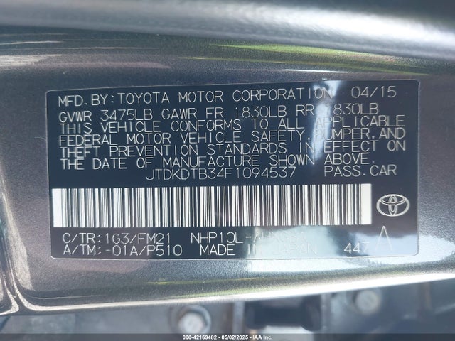 JTDKDTB34F1094537 Toyota Prius C Three