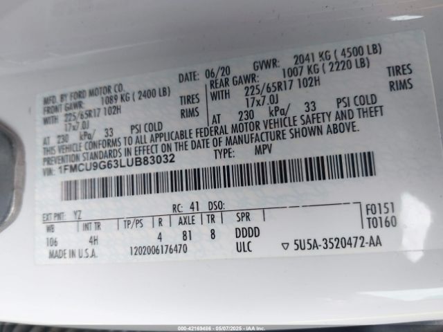 1FMCU9G63LUB83032 Ford ESCAPE SE