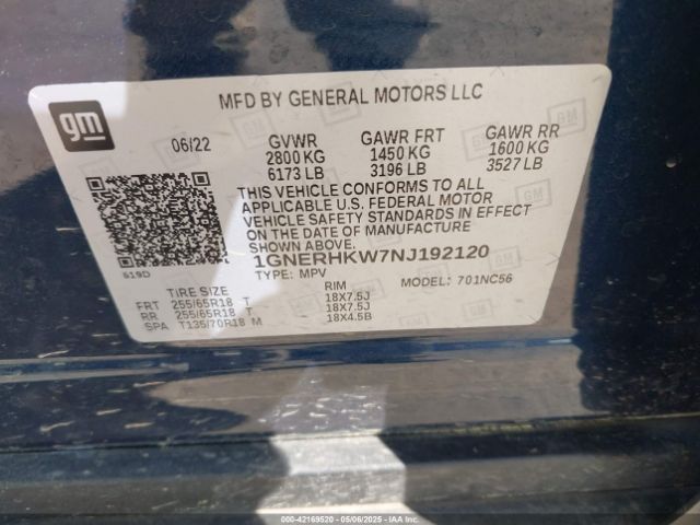 1GNERHKW7NJ192120 Chevrolet Traverse Fwd Lt Leather