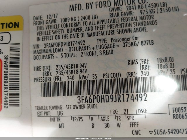 Ford FUSION SE 2018 3FA6P0HD9JR174492 Image 9
