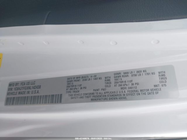1C6HJTFGXNL142438 Jeep Gladiator Overland 4x4