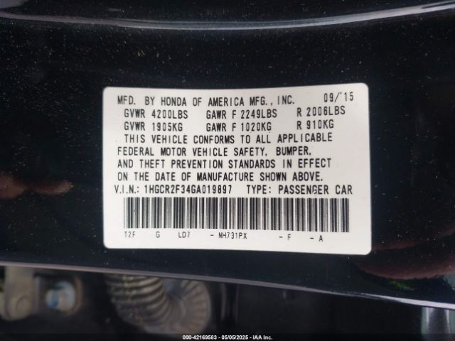 1HGCR2F34GA019897 Honda ACCORD LX
