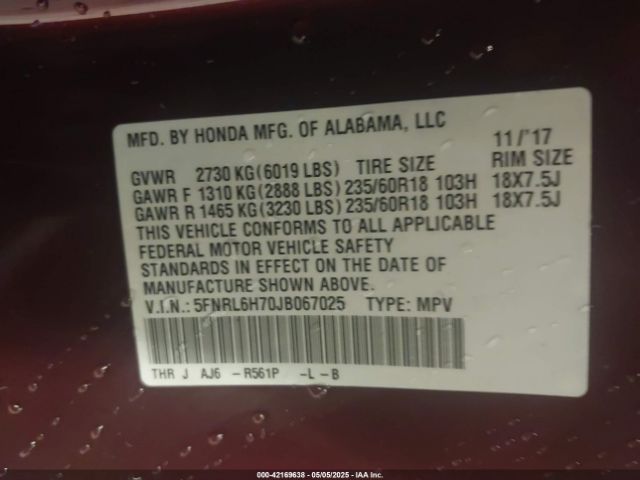 5FNRL6H70JB067025 Honda Odyssey Ex-l