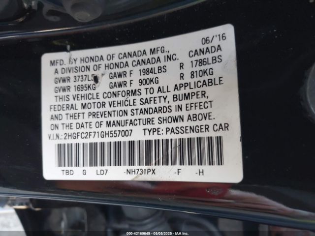 2HGFC2F71GH557007 Honda CIVIC EX