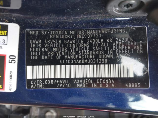 4T1C31AK0MU031298 Toyota Camry Le Hybrid