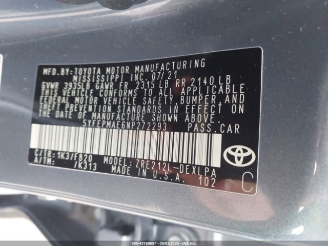5YFEPMAE6NP272293 Toyota COROLLA LE