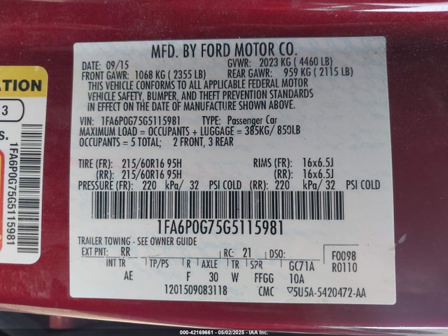 1FA6P0G75G5115981 Ford FUSION S