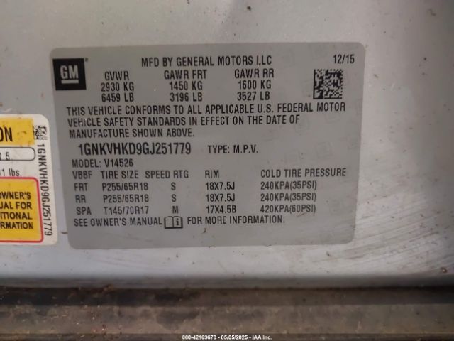 1GNKVHKD9GJ251779 Chevrolet llt - sidi, alum, 60 degrees