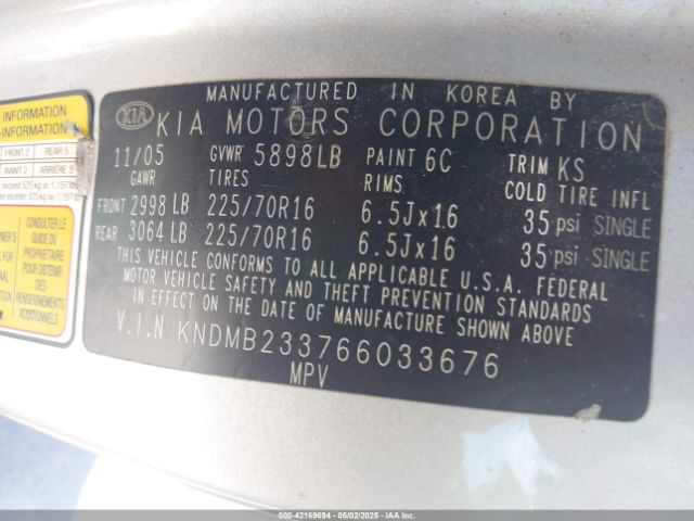 2006 KIA SEDONA KNDMB233766033676 Photo 8