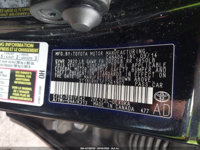 2T1BURHE5FC261902 Toyota Corolla S Plus