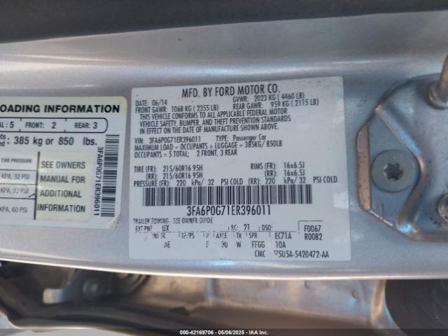 3FA6P0G71ER396011 Ford FUSION S