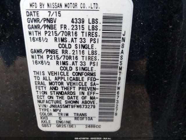 JN8AS5MT9FW673279 Nissan Rogue Select S