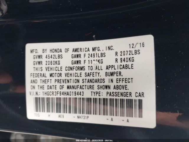 1HGCR3F94HA019443 Honda Accord Touring V6