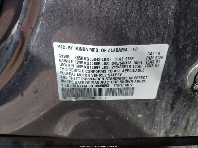5FNYF6H30JB039693 Honda Pilot Ex