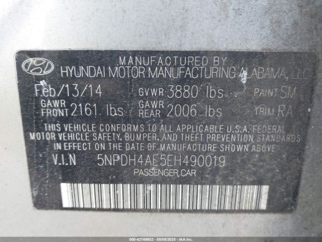 5NPDH4AE5EH490019 Hyundai ELANTRA SE