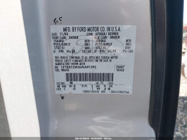 Aukcja sprzedaży 2004 Ford F-150 Stx/xl/xlt, vin: 1FTRX12WX4NA91393, numer aukcji: 42169838