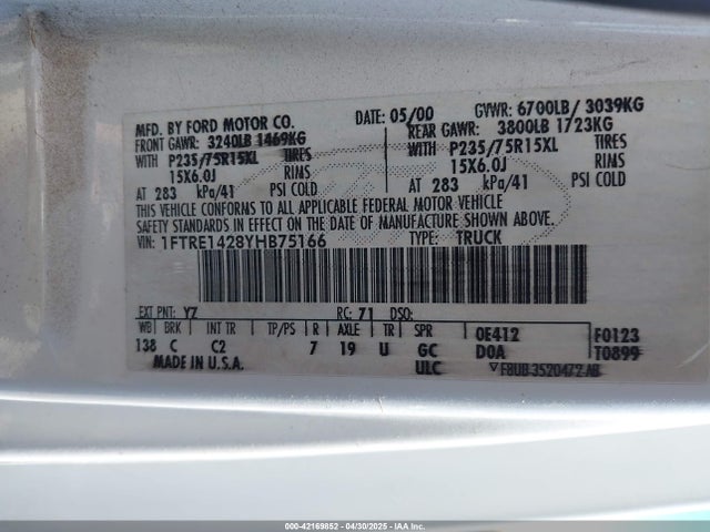 Aukcja sprzedaży 2000 Ford E-150 Commercial/recreational, vin: 1FTRE1428YHB75166, numer aukcji: 42169852