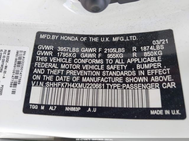 SHHFK7H4XMU220661 Honda Civic Sport