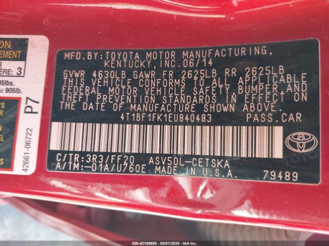 4T1BF1FK1EU840483 Toyota CAMRY SE