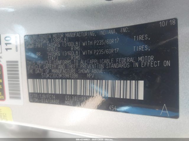5TDKZ3DC9KS981398 Toyota Sienna Le 8 Passenger