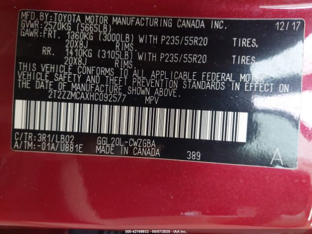 2T2ZZMCAXHC092577 Lexus RX 350