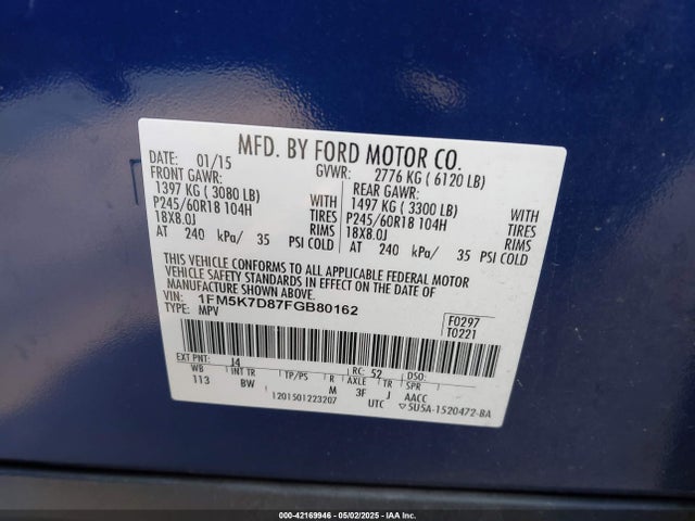 Ford EXPLORER XLT 2015 1FM5K7D87FGB80162 Image 9