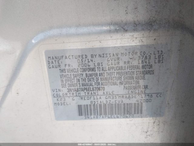 3N1AB7AP6EL670670 Nissan Sentra Fe+ S/fe+ Sv/s/sl/sr/sv