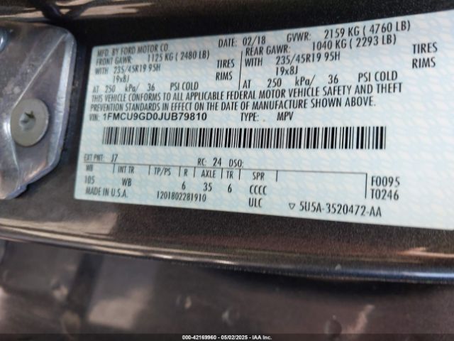 1FMCU9GD0JUB79810 Ford ESCAPE SE