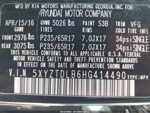 5XYZTDLB6HG414490 Hyundai Santa Fe Sport 2.4l