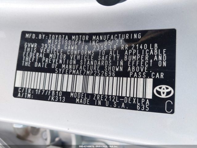 5YFEPMAE7MP252696 Toyota 2zr-fae