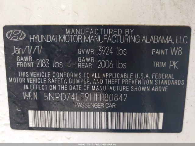 5NPD74LF9HH180842 Hyundai ELANTRA SE